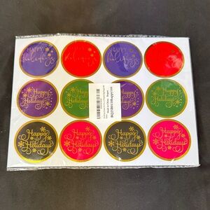 Colorful Holiday Stickers Set 12 sheets 144 round stickers Happy Holidays gold